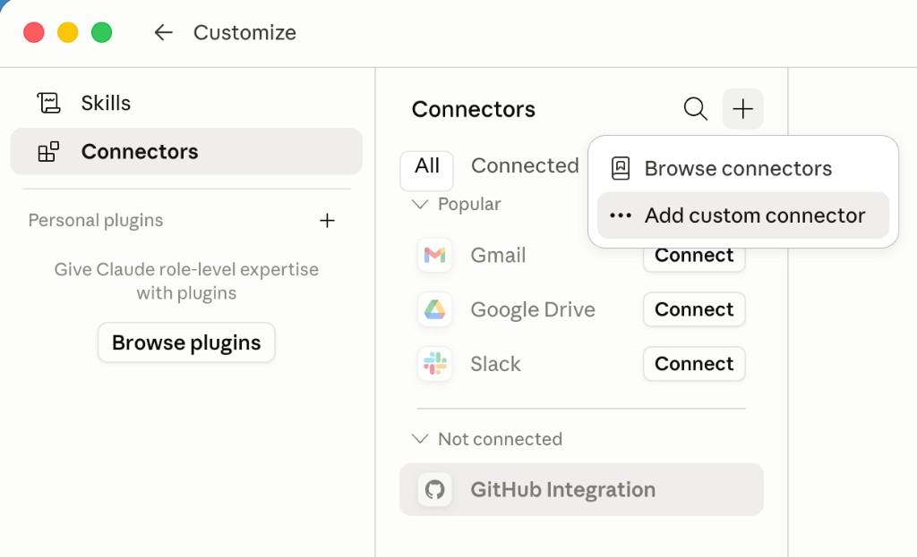 Меню Connectors в Claude с пунктом Add custom connector