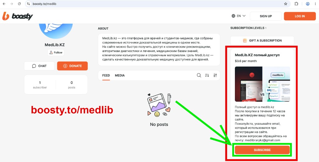 Оплата через РФ: страница Boosty MedLib.KZ